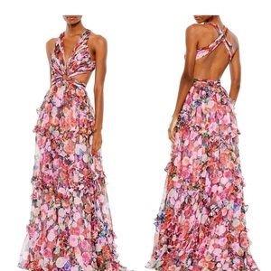 Ieena for Mac Duggal Floral Twist Back Gown Pink Size 2 Cut Out Maxi Dress